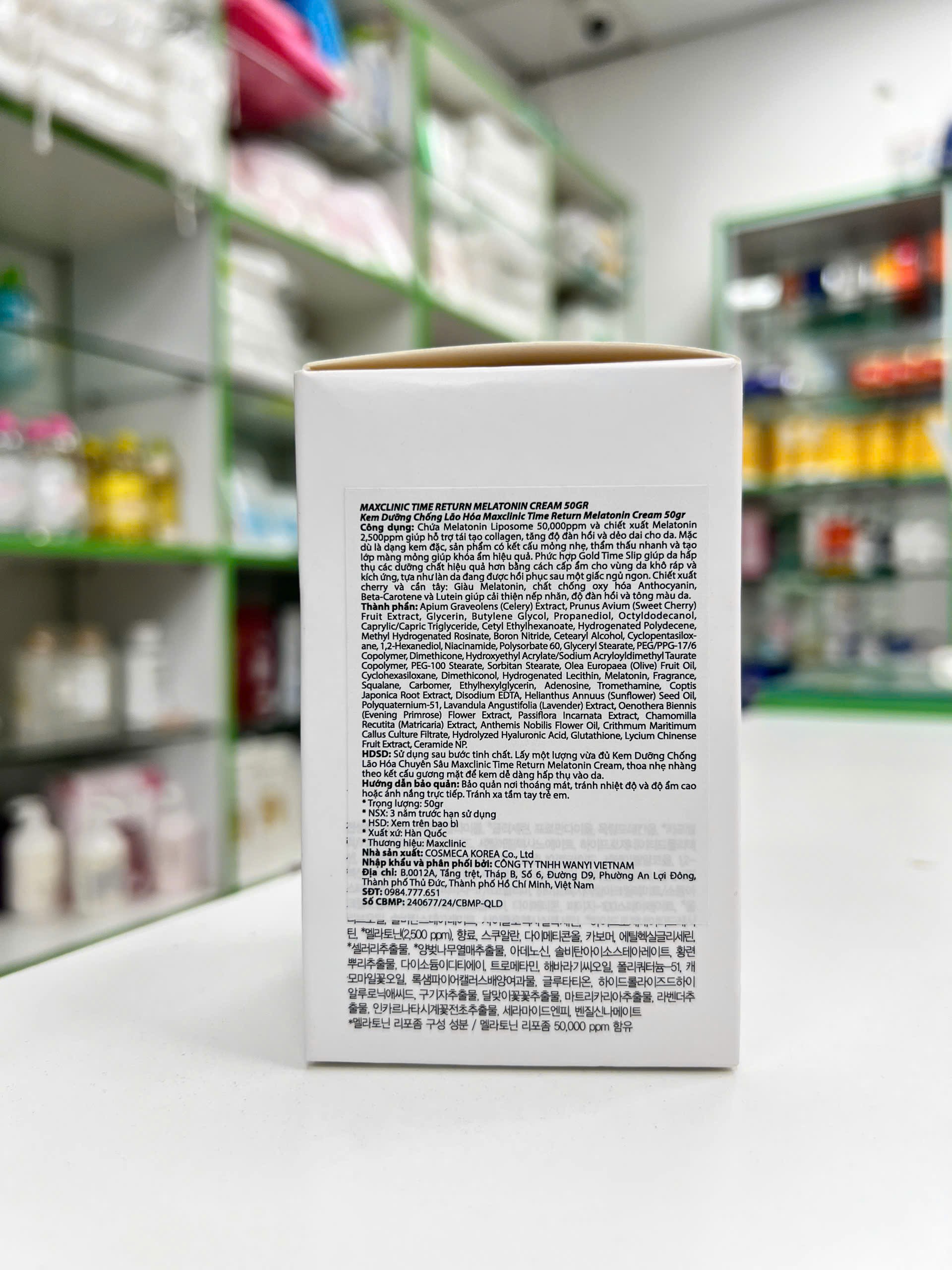 Kem Dưỡng Chống Lão Hoá Melatonin 5% — hộp sản phẩm Maxclinic Time Return Melatonin Cream 50g với bảng thành phần nổi bật